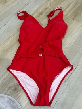 Red One-Piece Swimsuit with Ring Waist Detail